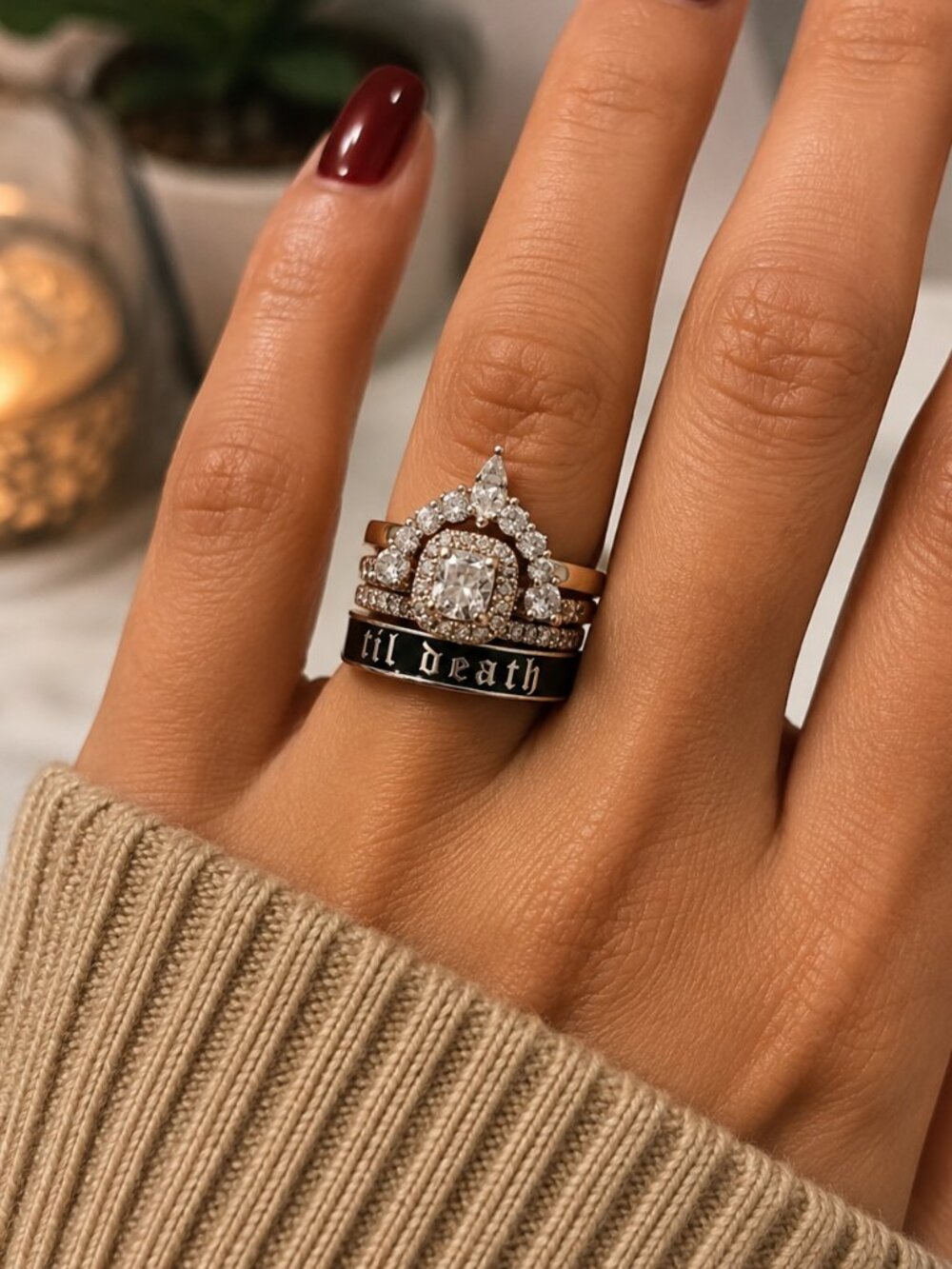TIL DEATH Silver Black Band Ring Size 8 Stackable Promise Wedding Ring NWT